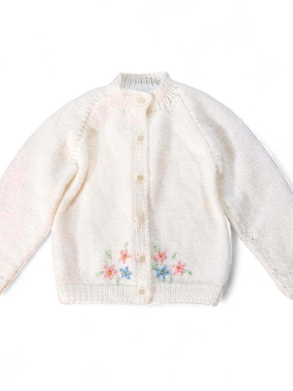 Vintage Handmade Knit Baby Cardigan | Embroidered Flowers | Approx. 2T-3T